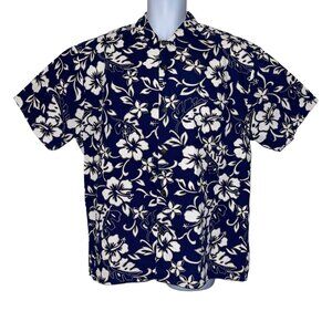 Retro Hilo Hattie Hawaiian Shirt Mens XL Floral Plumeria Leaf Aloha Beach Blue